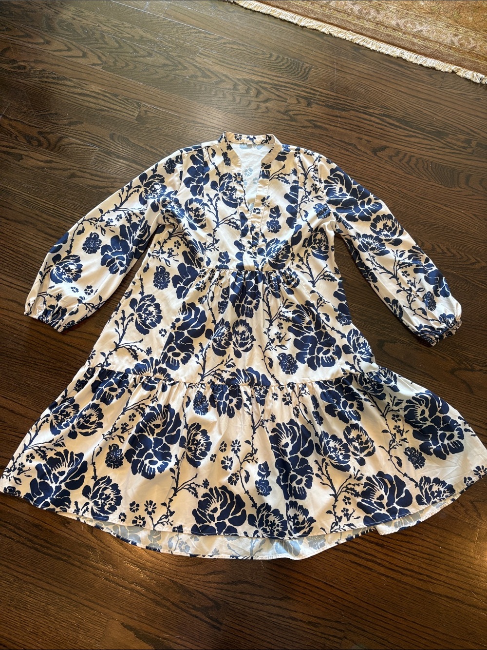 Navy and Cream Floral Flounce Dress